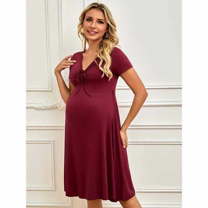 New Pregnancy Woman Dress Solid Photography Clothes Short Sleeve Dresses Soft Maternity V Neck Skirt Photoshoot PropsT250311