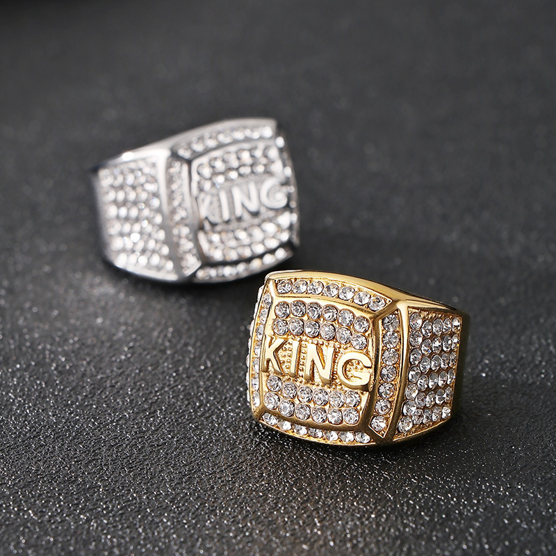 Hip Hop Square Stainless Steel KING Letter Casting Ring with Zirons Jewelry