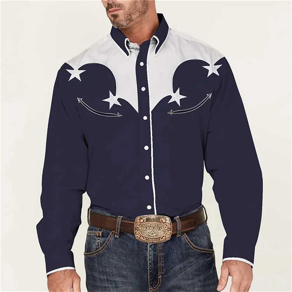 Retro Western style mens shirt 3D printed black outdoor street button long sleeved fashionable casual designer shirt W250312