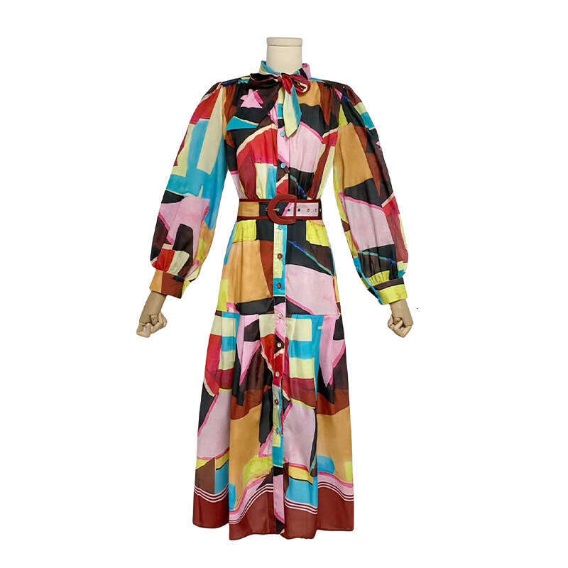 2023 Australian Autumn And Winter New Bow Tie With Belt, Waist Cinching Geometric Print Dress, Long Skirt