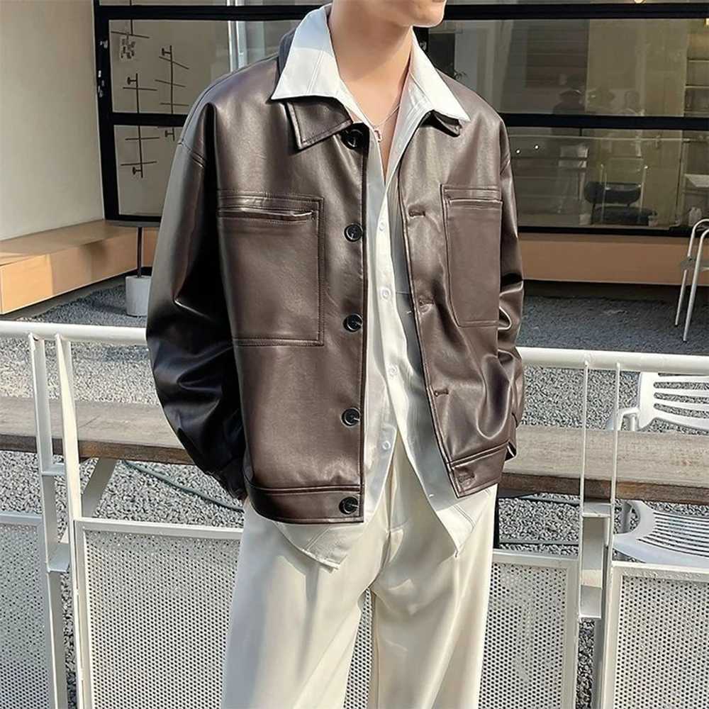 Autumn Mens Fashion Y2k Leather Jacket Trend Solid Color Lapel Casual Short American Street Slim Motorcycle Leather Jacket MenT250311
