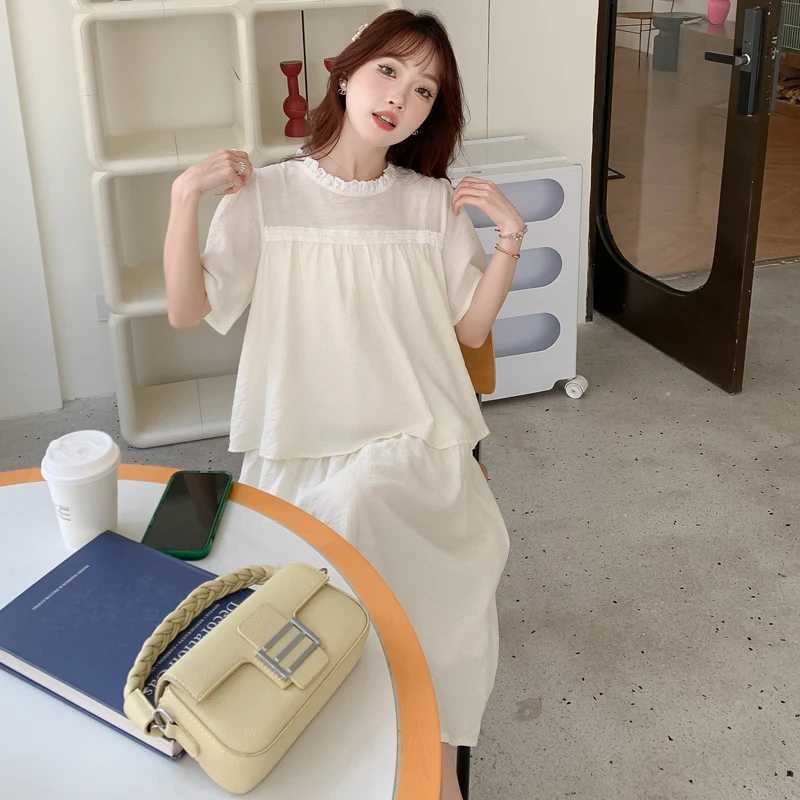 Pregnant Womens Summer Dress Short Sleeve Ruffled Collar Faux Two Pieces Maternity Clothes Sweet Pregnancy Midi Dress WholesaleT250311