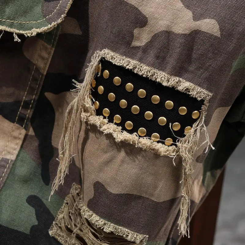Workwear Camouflage Shorts Mens Summer Hole Patch Street Loose Casual Cool Trendy Capris Mens Clothing 250310