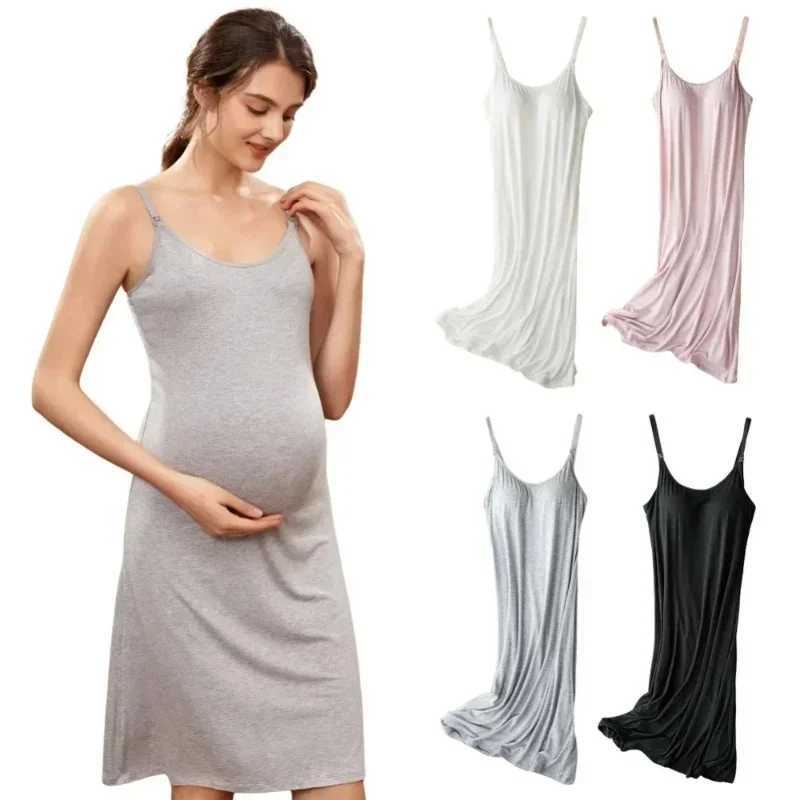 Mother Nursing Nightgown Loose Strappy Dresses Summer Sleeveelss Breastfeeding Sleepwear With Padded PregnancyT250311