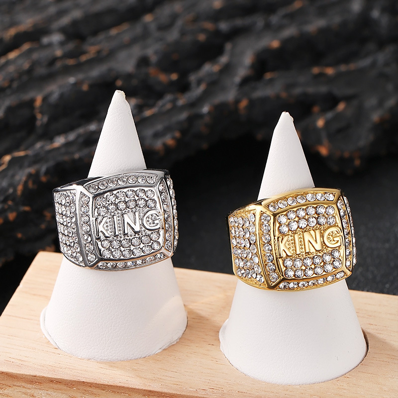 Hip Hop Square Stainless Steel KING Letter Casting Ring with Zirons Jewelry