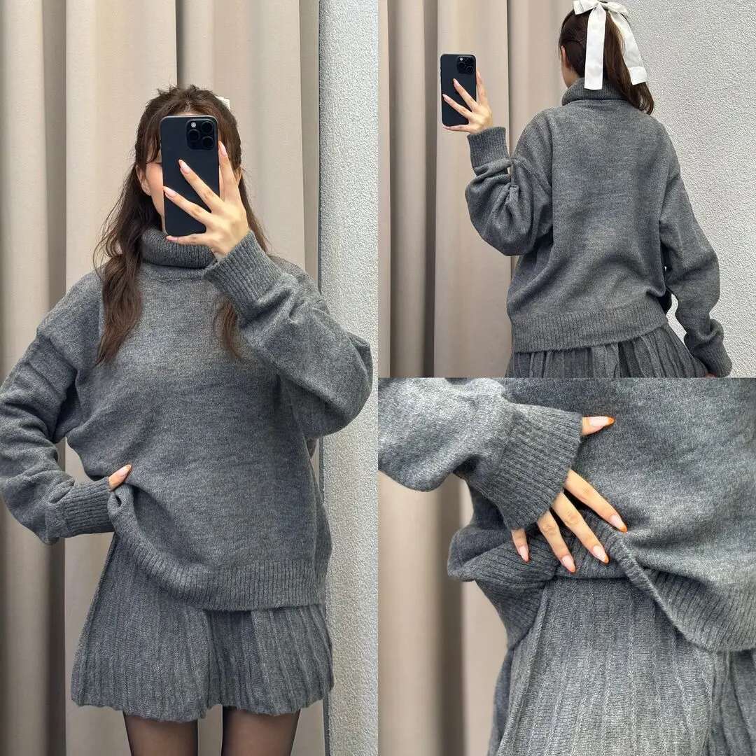 spring Knitted Skirt Suits Women Wine Red Turtleneck Long Sleeve Sweater +Pleated Mini Skirts 2 Pieces Set Female Chic Outfits
