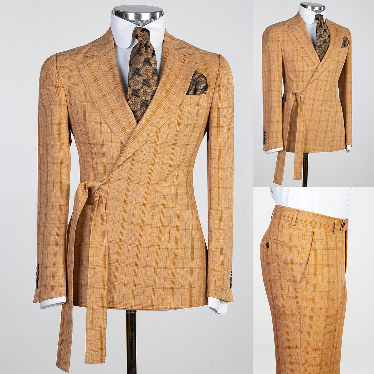 Fashion Men Suits Tailor-Made 2 Pieces Suit Tuxedos Peaked Lapel Plaid Groom Blazer for Wedding Belt Coat+Pants Prom Evening Party Formal Occasion Cus