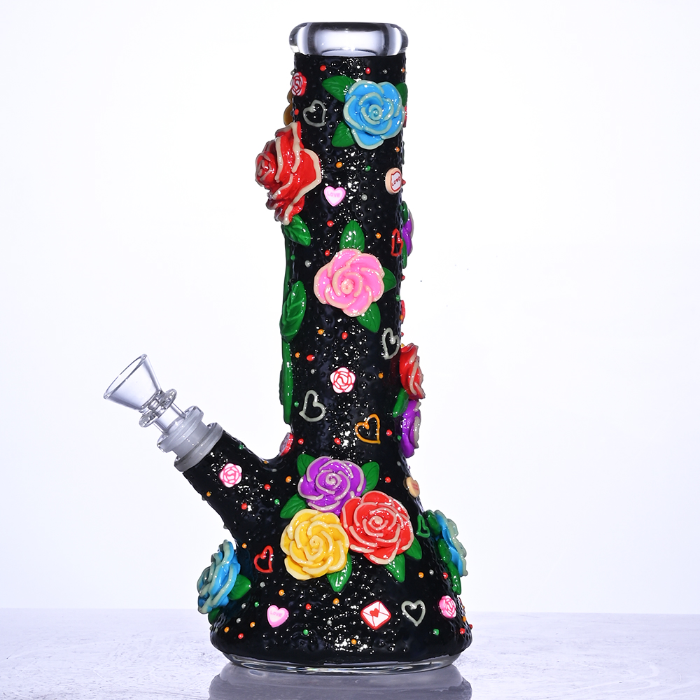 Glass Beaker Bong With Cute Rose & Love,Flowers With Glow In Dark,Borosilicate Glass Water Pipe,Glass Hookah,Polymer Clay Glass Smoking Item With Flow