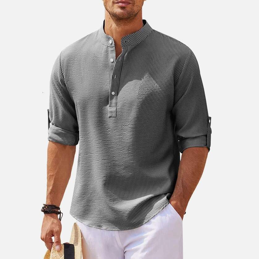 men's rolled sleeve button stand up collar shirt with pineapple plaid long sleeved loose shirt, 2025 new casual versatile fashion clothing