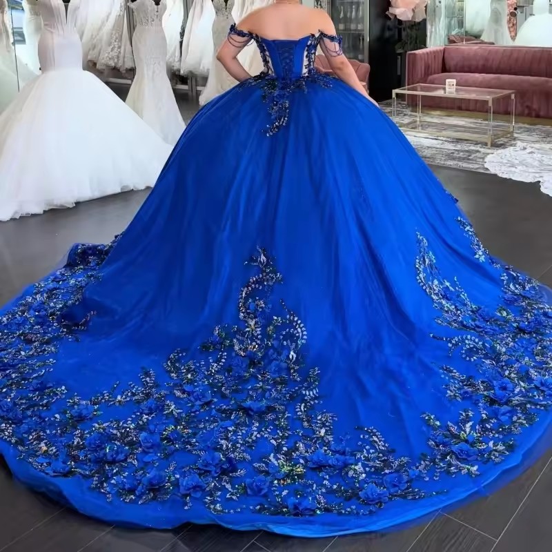 Royal Blue Shiny Quinceanera Dresses Ball Gown Off Shoulder Applique wer Beads Tull Corset Sweet 16 Dress Vestidos 15 De Anos
