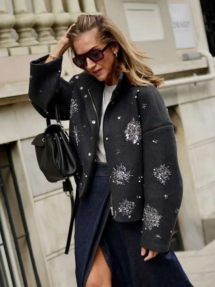 Beading Urious Chic Coat Women Loose Single Breasted Stand Collar Pocket Woolen Outwear 2024 Winter Snowflake Sequins Jackets