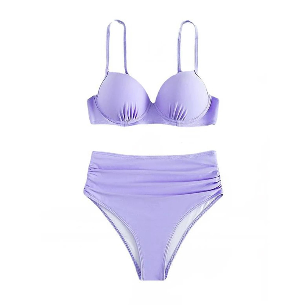 Solid Ruched Bikini Swimsuit High Waisted Women Sexy RedPurple TwoPiece Set Summer 250310