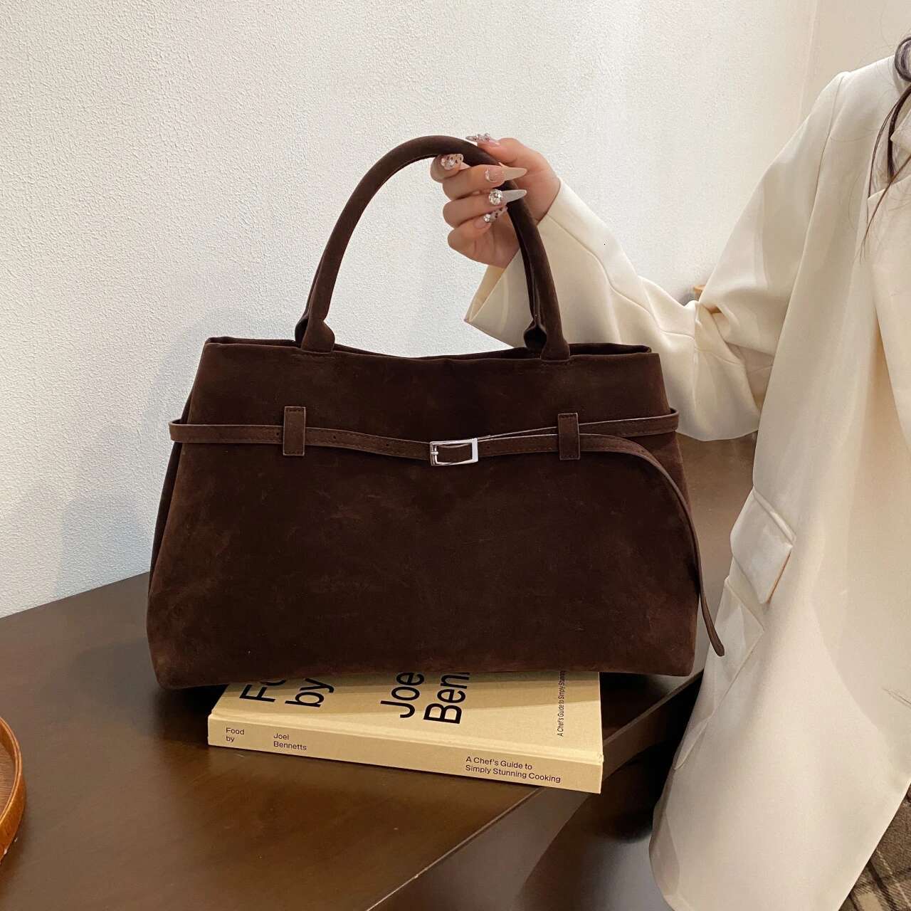 Retro Suede Leather Tote For Women, Large Capacity Commuting And Work Shoulder Bag, Underarm Bag