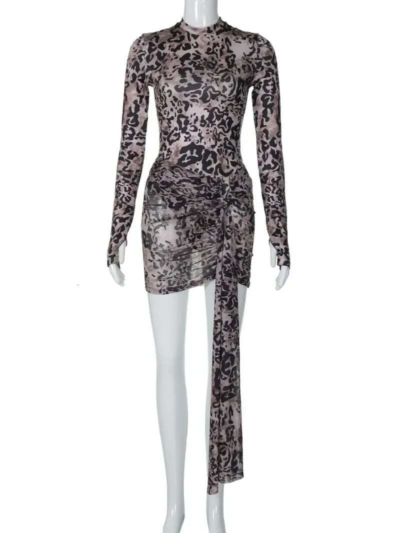 Fashion Long Sleeve Bodysuit And Bandage Mesh Skirt Matching Set Sexy Leopard Printed Ruched Short Party Dresses 2 Pieces Sets