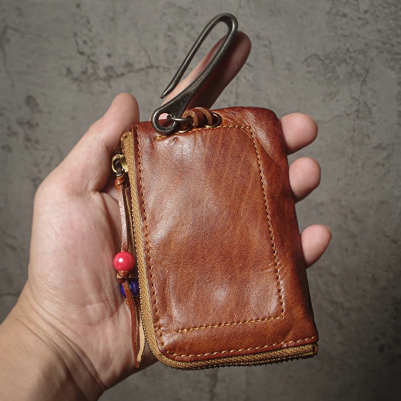 Top Cowhide Car Key Bags Men Women Vintage Zipper Coin Purse Genuine Leather Wallet Card Holde |Housekeeper Home Organizer 250311