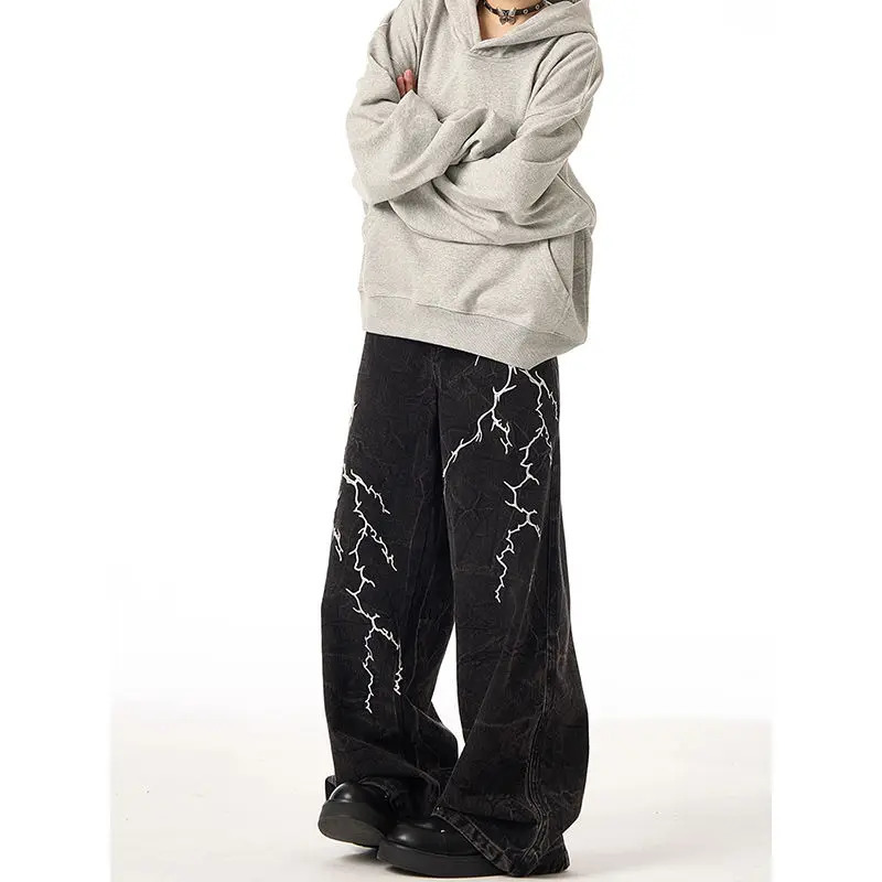 American retro sparkling pattern straight leg jeans suitable for both men and womens streets loose and casual wash wide leg casual pants y2k 250310
