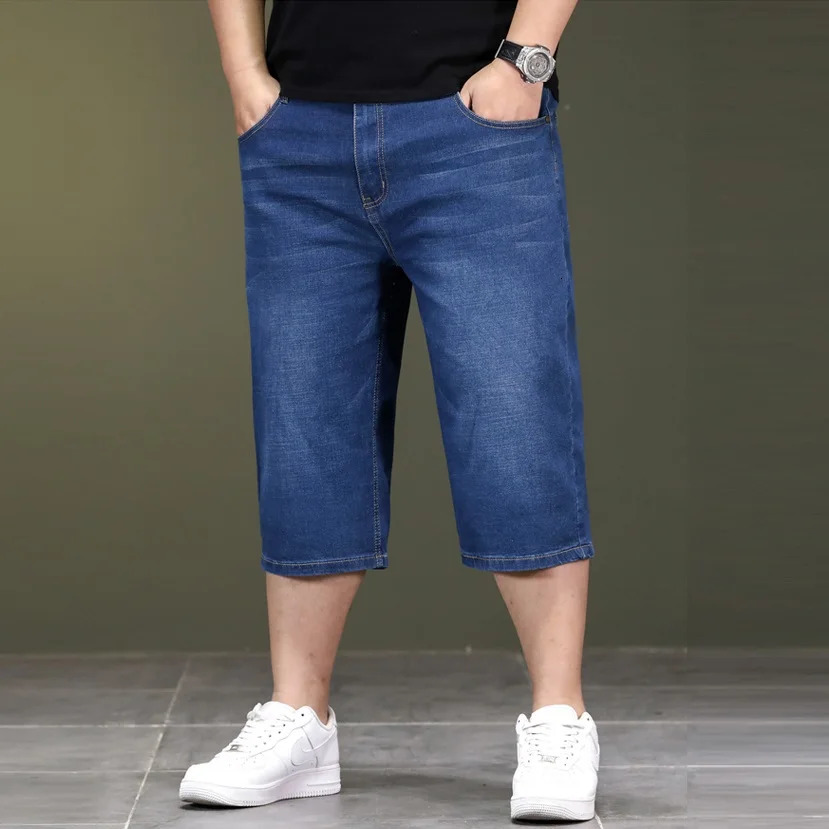 Big Size Long Length Mens Shorts Loose Stretch Jean Bermuda Male Thin 3/4 Capris Summer Light Large Plus Fat Denim Breeches 250310