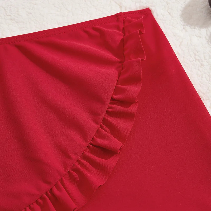 3 Pieces Ruffle Bikini 2025 Girls Swimsuit High Waist Kids Swimwear Female Beach Skirt Red Children Swimming Bathing Swim Suit 250311