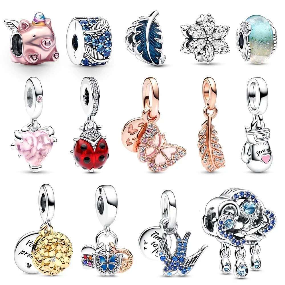 New 925 Sterling Silver Pretty Swallow Quote Double Dangle Charm Flying Unicorn Pig Cloud Swallow Curved Feather Clip Charm