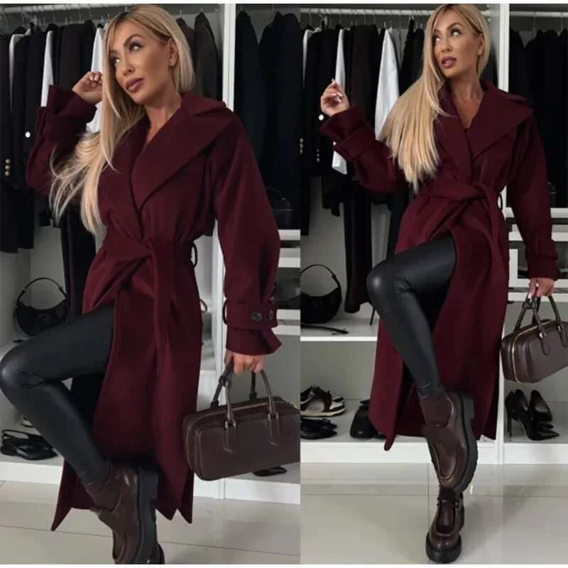 Elegant Bury Woolen Overcoat With Belt For Women Sleeve Lapel Loose Long Trench Autumn High Street New Lady Coats