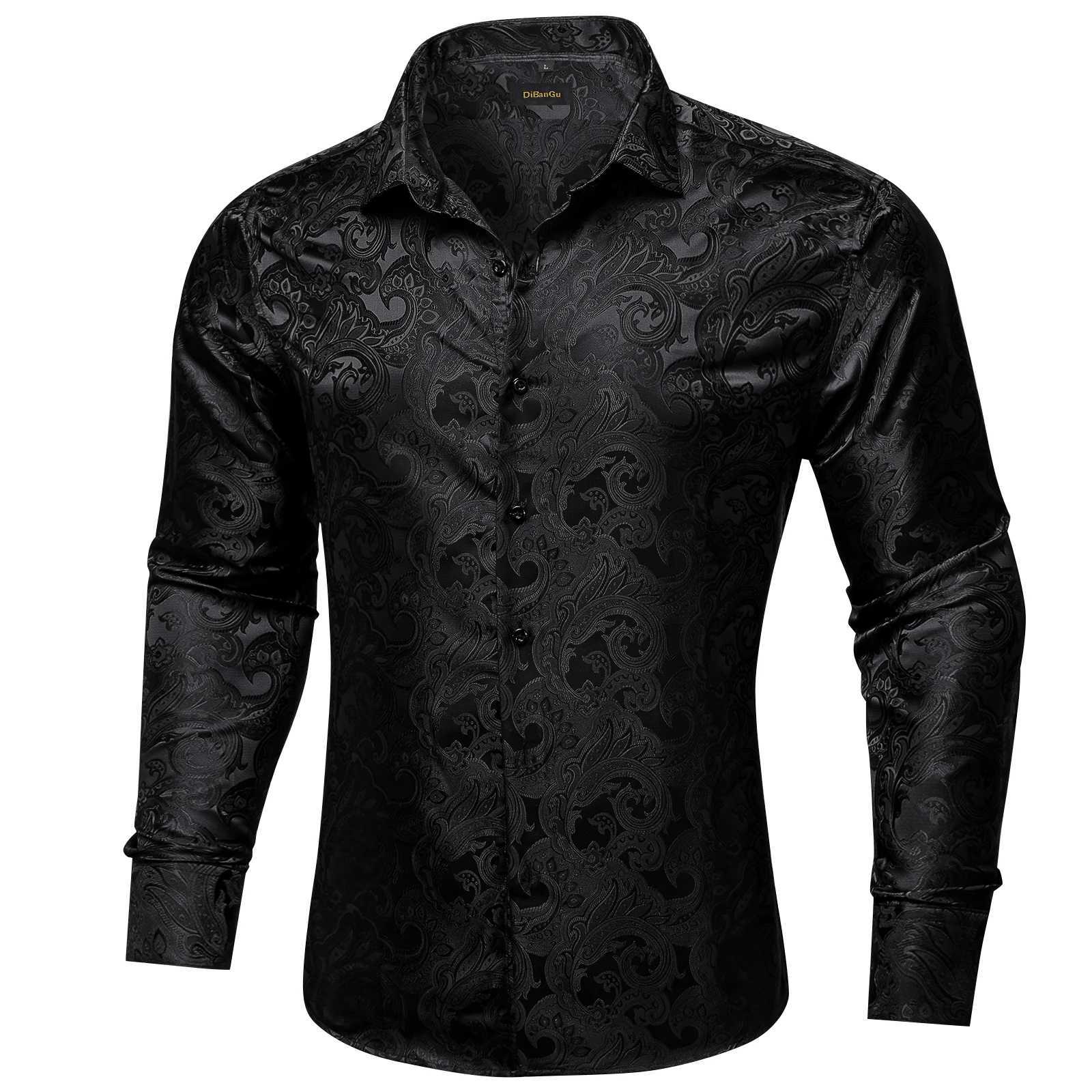 Black Paisley Solid Silk Polyester Luxury Long Sleeve Dress Shirts for Wedding Prom Turn Down Collar Shirt Brand Men Clothing W250312