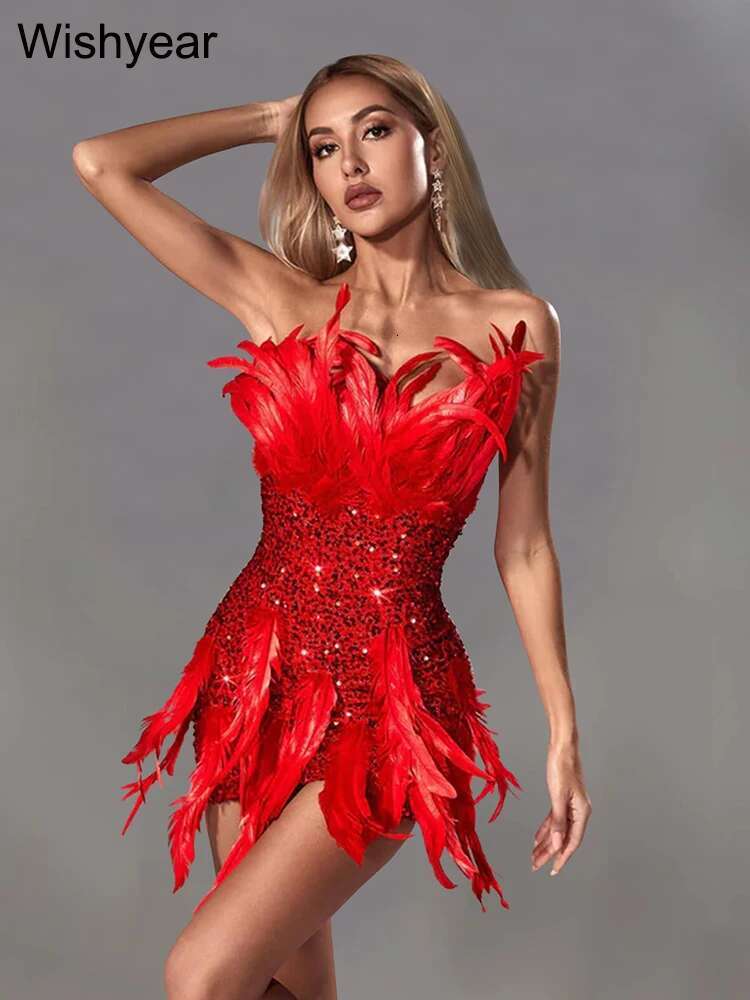 Year Birthday Party Women Short Dress Sexy Off Shoulder Strapless Glitter Sequin Veet Feather Evening Prom Vestidos