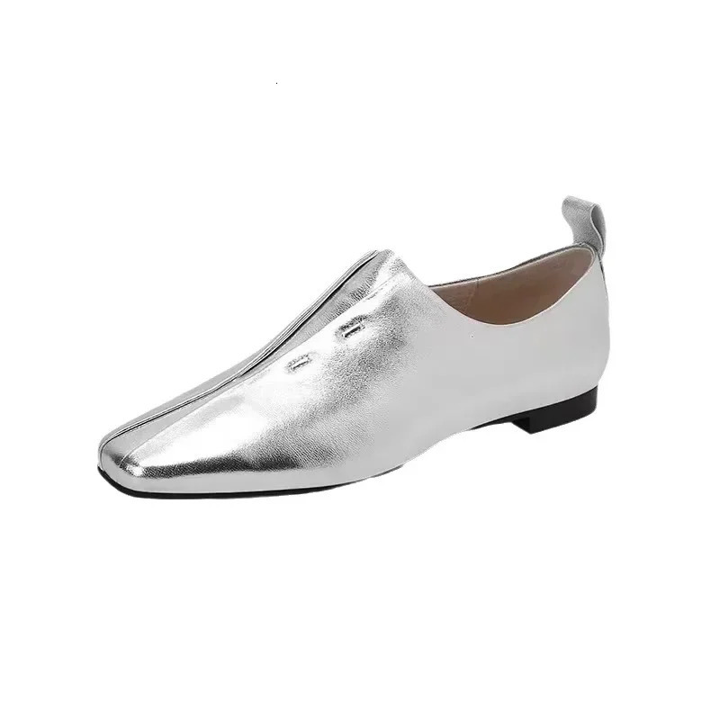 2024 Women Flat Shoes Leather Comfort Flats Slip on Silver Beige Simple Shoes Spring Autumn Soft Loafers Square Toe 250305