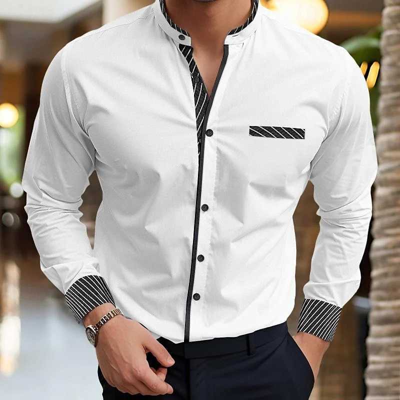 Mens Shirts Stand Collar Shirts Formal Button Shirts Grey Long Sleeves Spring Summer Wedding Everyday Wear Front Pockets 6XL W250312