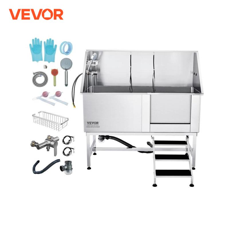 VEVOR 62" Pet Dog Bathing Station Stainless Steel Dog Grooming Tub with Stairs Faucet Accessory Bathtub for Large Pet Washing