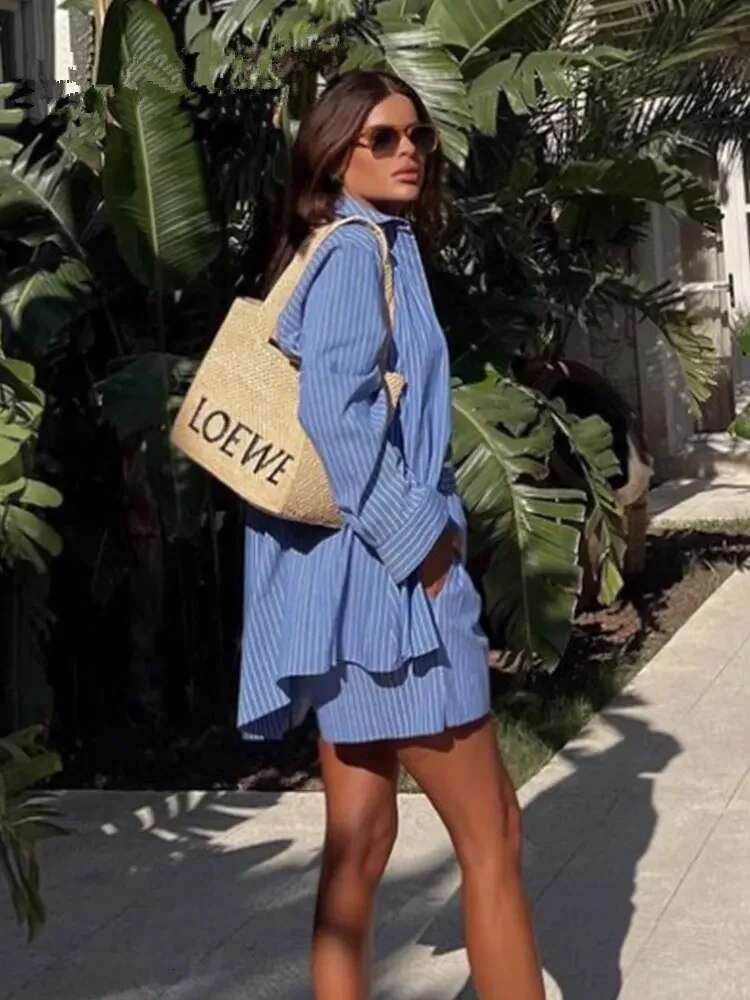 fashion Summer Women Fashion Striped Shirts Suit Casual Long Sleeve Top High Waist Shorts Sets 2 Piece Set Womens Outfits Clothes