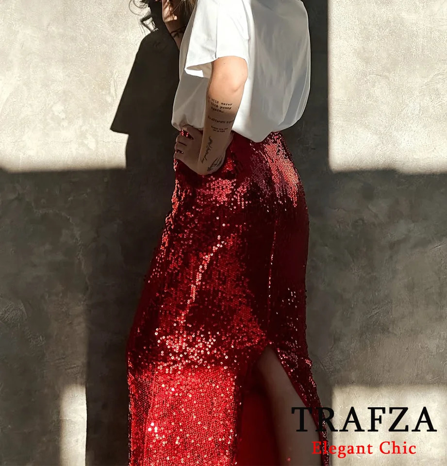 TRAFZA Women Elegant Red Sequined Midi Skirt Hip Wrap Slim Spring Summer High Street Party Date Holiday 250311