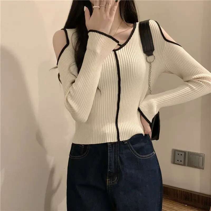 Femme Spring Summer Korean Fashion Simplicity Screw Thread Solid Color O-Neck Women Clothes Fashionable Patchwork Long Sleeve