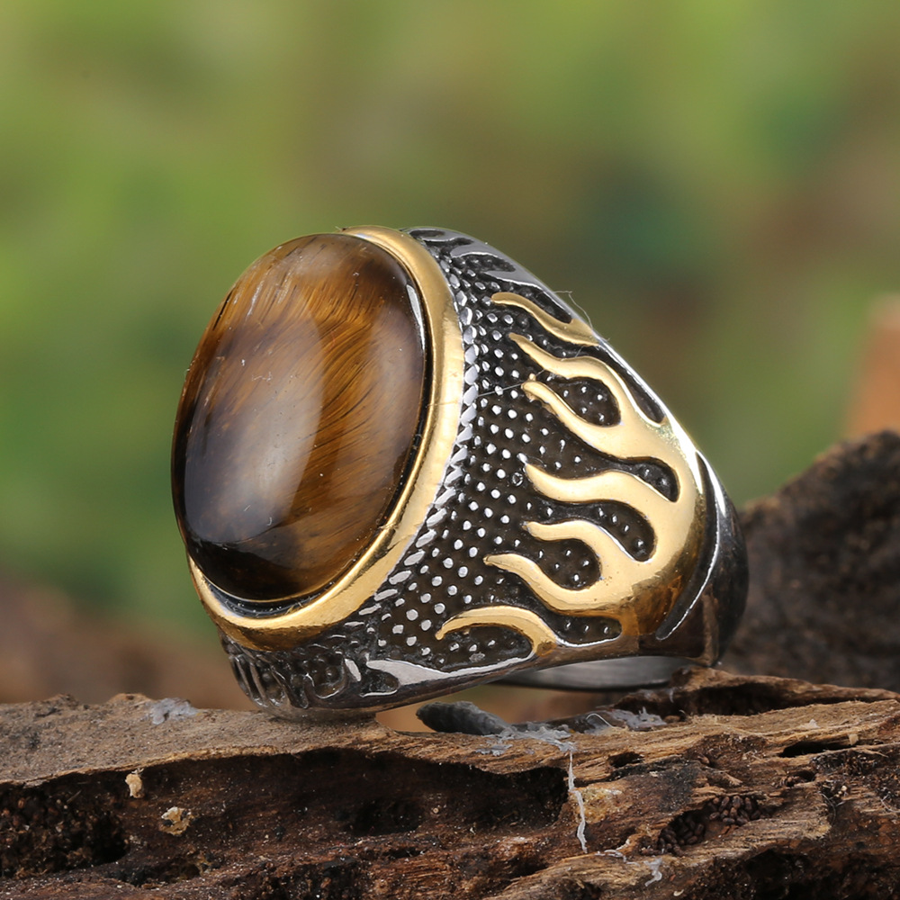 Hip Hop Vintage Big Stone Inlay Casting Ring Stainless Steel Gold Plated Mens Jewelry