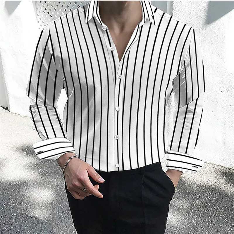 Mens shirt button up lapel shirt black and white red long sleeved striped collar workwear large size 5XL W250312