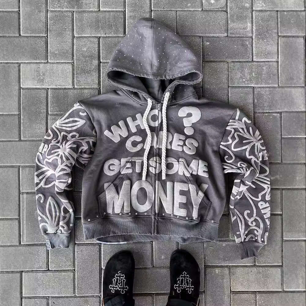 American Street Trend Foam Printed Personalized New Zipper Harajuku Loose Unisex Hoodie