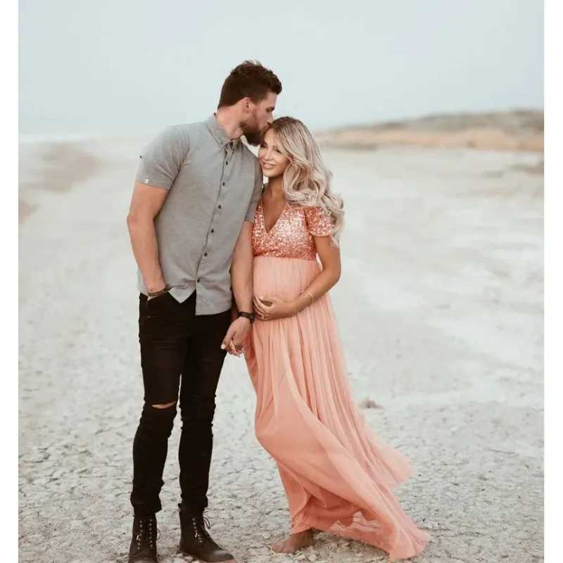 Cotton Sequins Tulle Ball Gown Maternity Dresses For Photo Shoot Long Maternity Photography Props Dresses For Pregnant WomenT250311