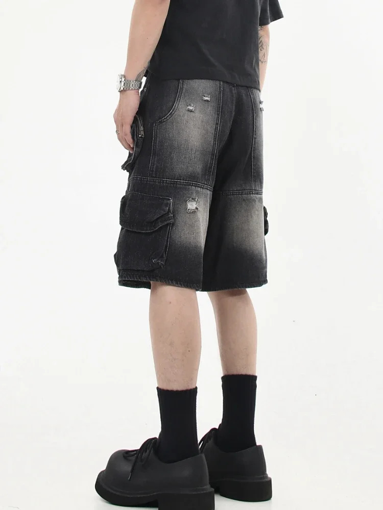 Denim Cargo Shorts Men Vintage Loose Baggy Multipockets Washed Streetwear Handsome Personality Summer American Fashion 250312