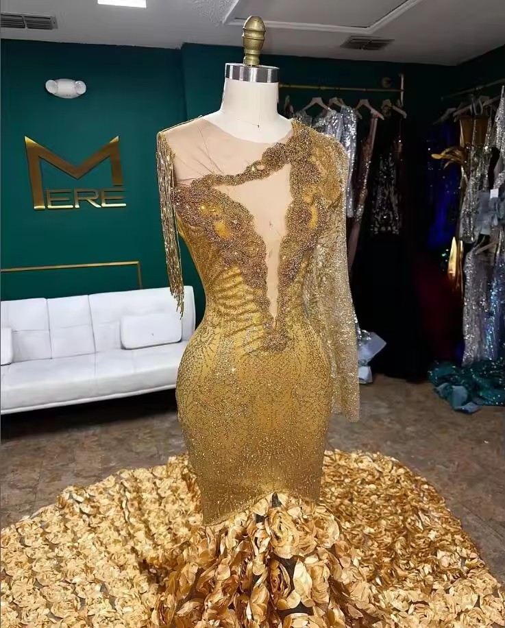 Gold African Mermaid Prom Dresses for Women Sparkly Dia Taseel Rose Train Evening Pageant Gown vestidos de festa 2025
