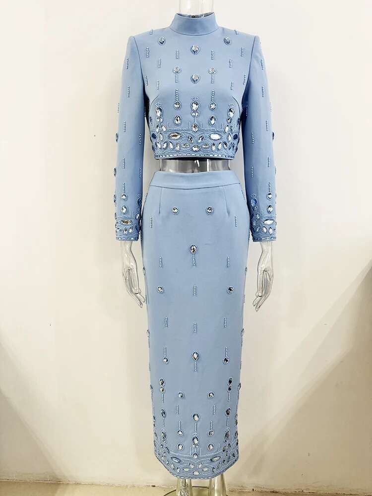 HIGH STREET Newest Fashion 2025 Designer Runway Suit Women's Stand Collar Zip Back Cropped Tops Long Skirt Set 2Pcs