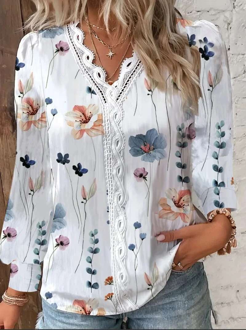 Autumn New Ral Print Women's Blouses Fashion Solid V-Neck Casual Long Sleeve Tops Elegant Office Shirts Female Slim Blusas