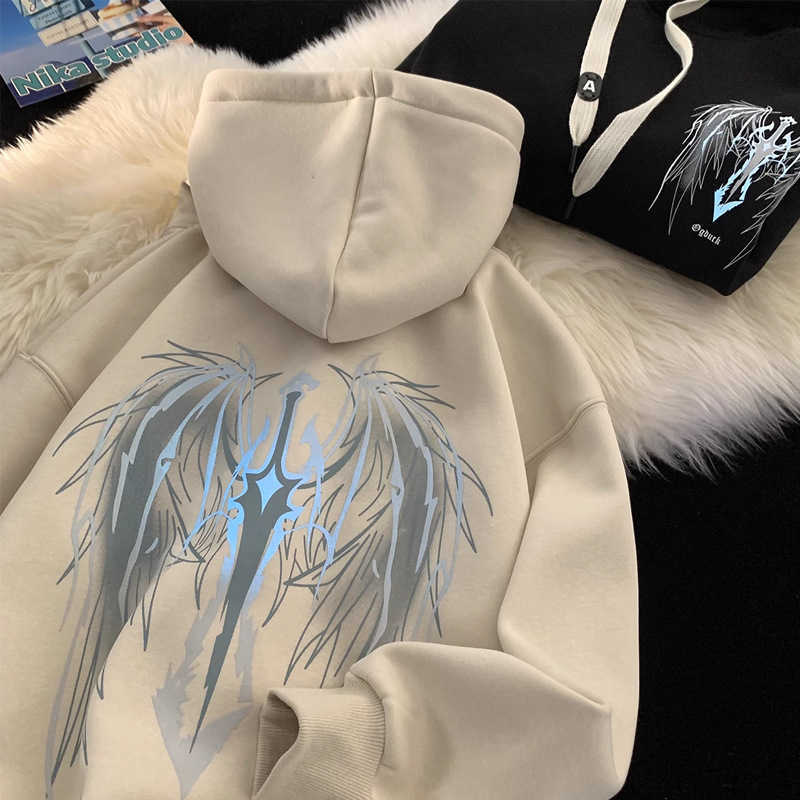 Night Light Hooded Sweatshirt for Men Autumn and Winter with Thick Velvet Loose Fit Teenagers American Couple Jacket