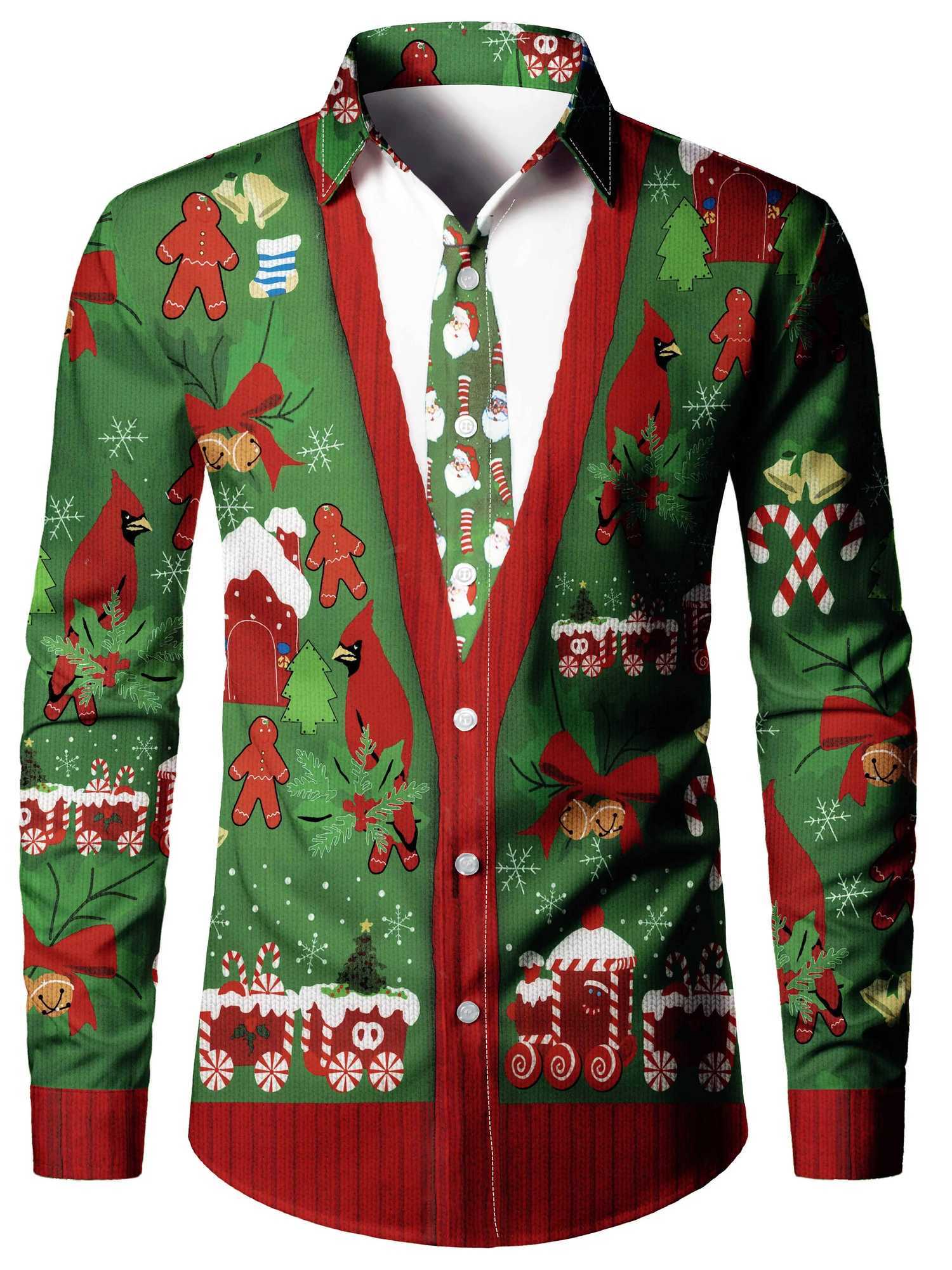 Christmas themed mens fake suit tail suit printed formal shirt Christmas graphic long sleeved fashionable mens shirt W250312
