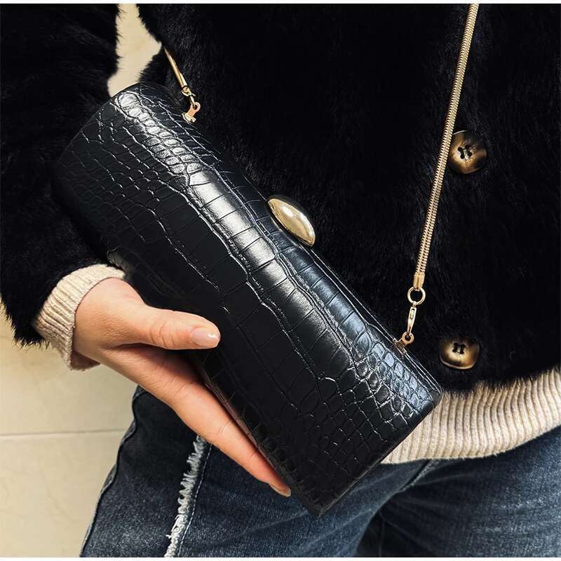 Brand Crocodile Pattern Women's Handbag Brown New Gold Chain Rectangular High-End Designer Shoulder Messenger Bag