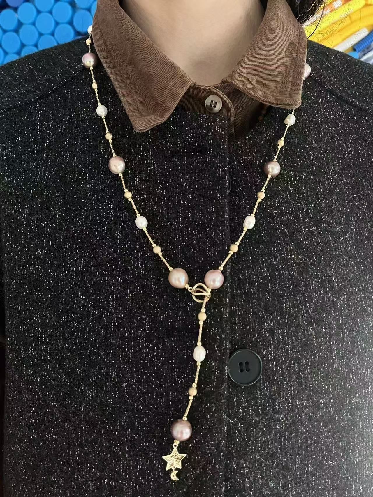 Elegant Silver & Blue Baroque Design Necklace Featuring Real Freshwater Pearls