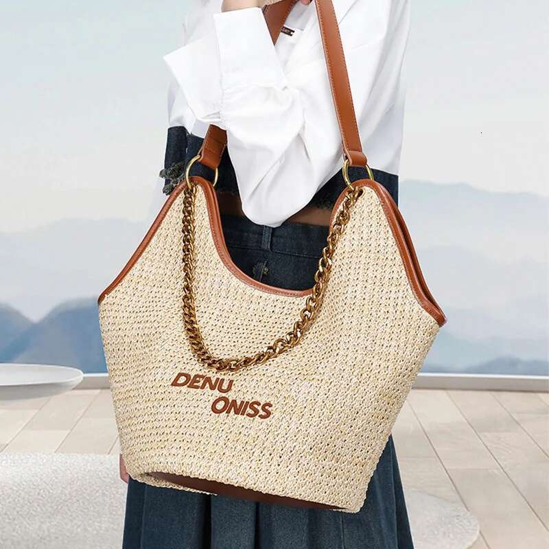Casual Beach Woven Handbags Bucket Large Capacity Straw Underarm Seaside Travel Solid Color Shoulder Bag For Women