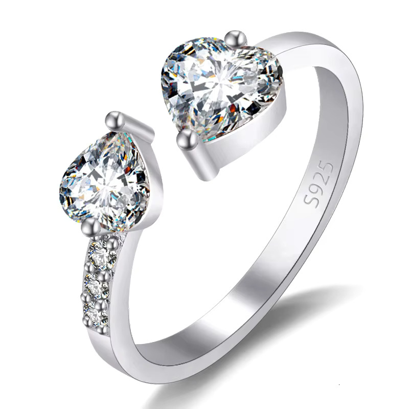 Women Mirco Pave Moissanite Diamond Ring Adjustable Silver Gold Plated Double Heart Cubic Zirconia Wedding Engagement Ring