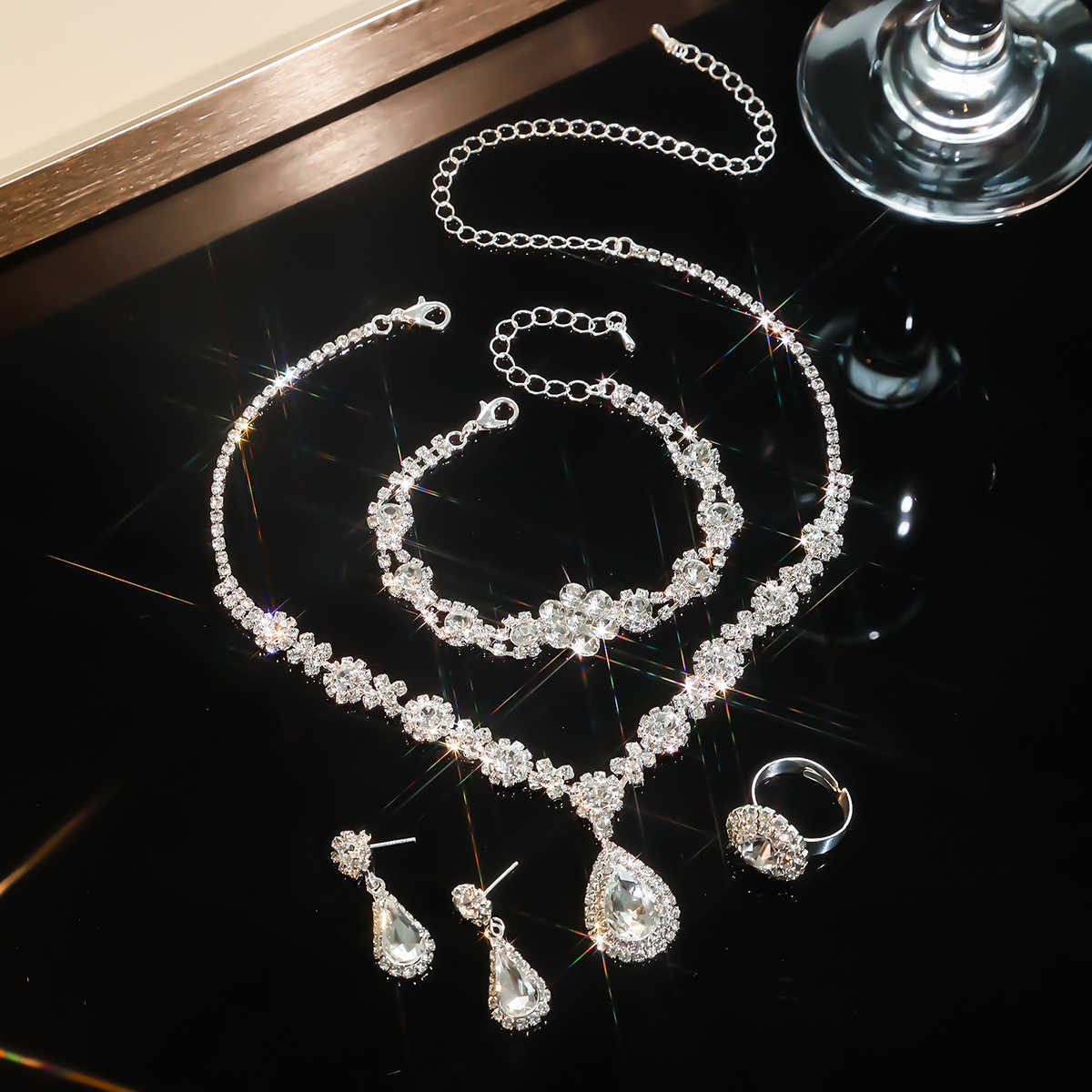 Fashionable green blue and red multicolored rhinestone crystal necklace earrings bracelets rings four piece set W250312