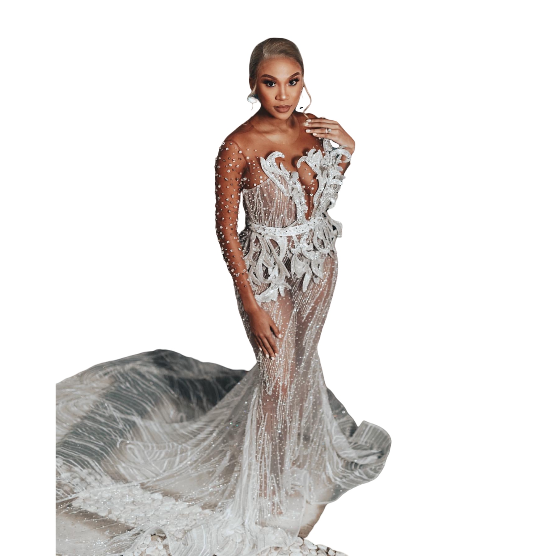 2025 Plus Size Ivory Prom Dresses Mermaid Full Sleeves Beaded Crystals Floral Lace See Through Evening Formal Birthday Party Special Occasion Dress Go