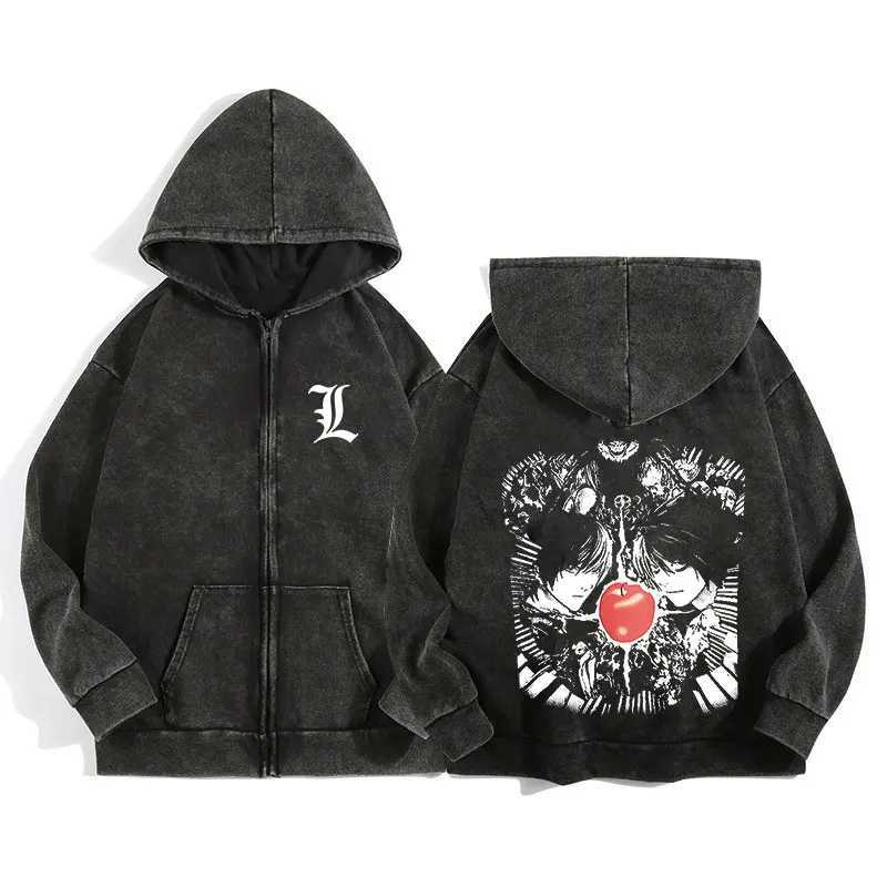 Harajuku Retro Washed Zip Up Hoodie Anime Death Note Print Jacket Gothic Graphic Cotton Men Women Zipper Hooded SweatshirtT250312