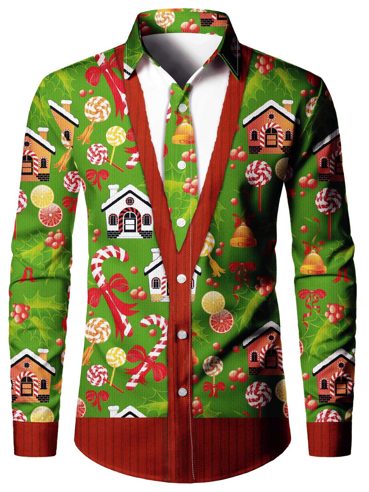 Christmas themed mens fake suit tail suit printed formal shirt Christmas graphic long sleeved fashionable mens shirt W250312